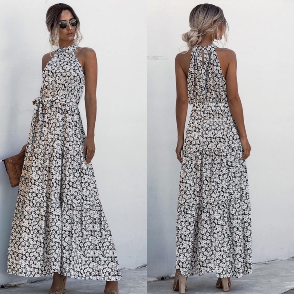 Boho floral print belted halter spring dress - Picture 2 of 6